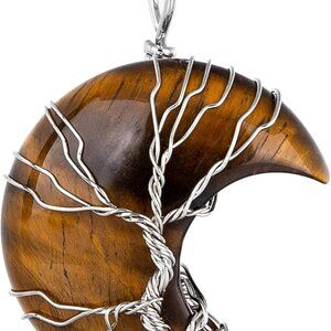 Life Tree Crescent Moon Necklaces for Women, Copper Wire Wrap Gemstones Pendant